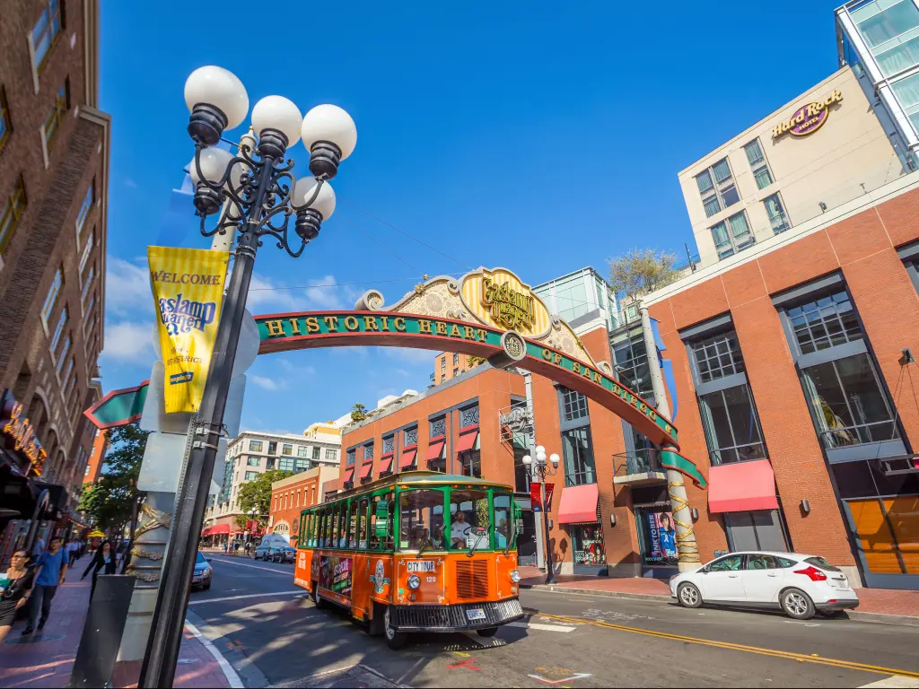 San Diego's Gaslamp Quarter with a vintage streetcar, on a sunny day