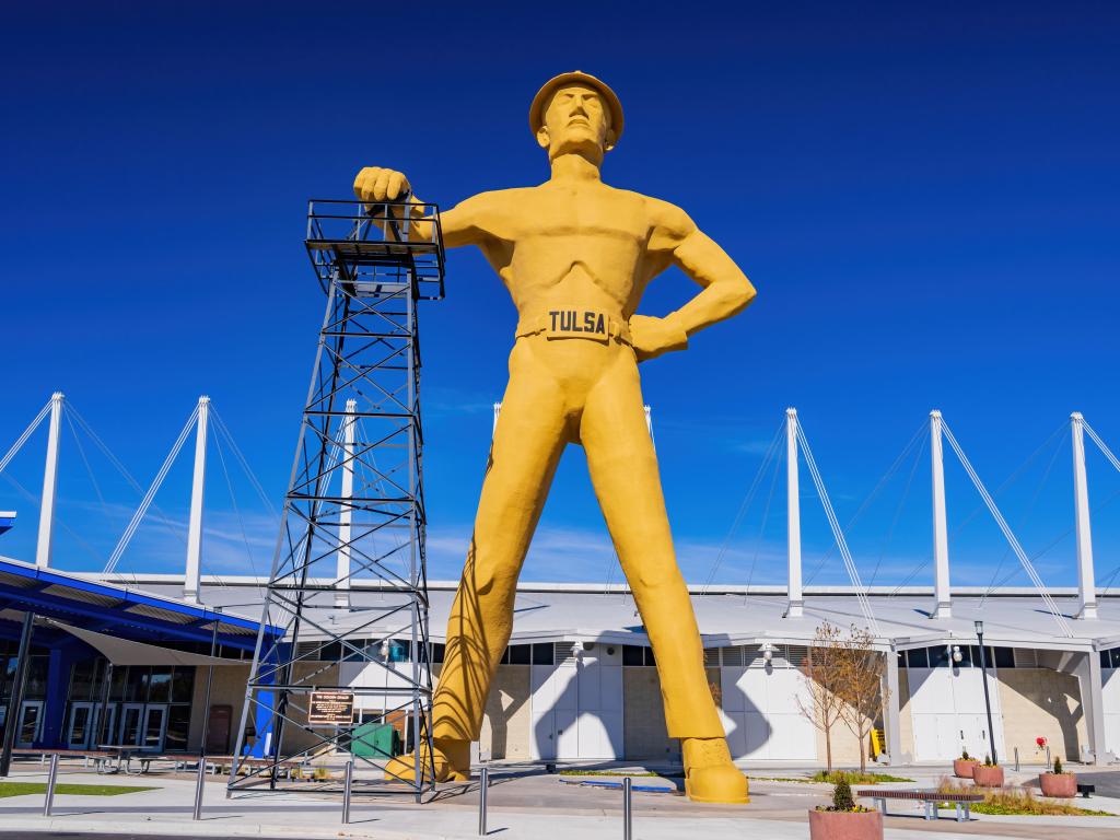 Close up of the Golden Driller Statue, Tulsa, OK on a sunny day