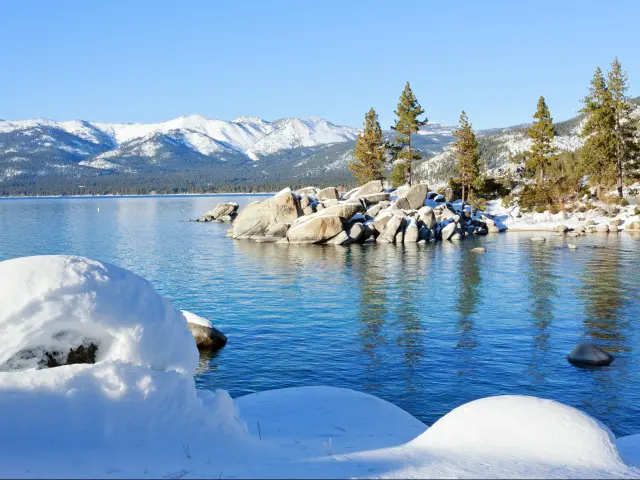 Sunny Lake Tahoe in Winter with blue sky and fir trees