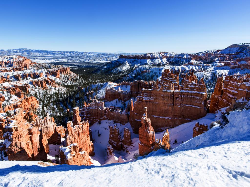 Zion National Park in the Winter with snow covering the mountains, trees and red rock in Utah