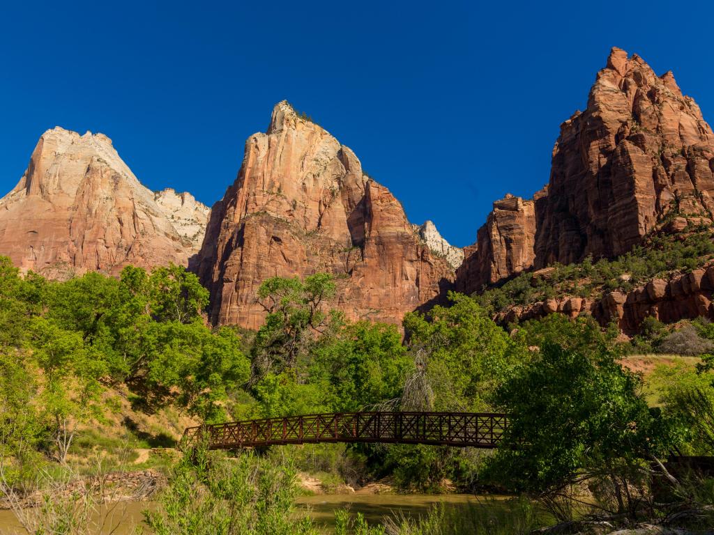 Towering Court of the Patriarchs rock formations against lush green foliage and bridge in the forefront at Zion National Park, Utah