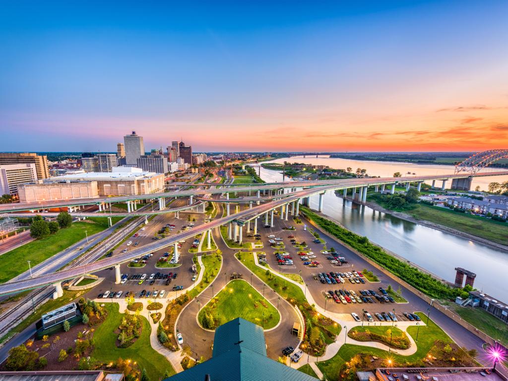 Memphis, Tennessee, USA aerial skyline view with downtown and Mud Island.