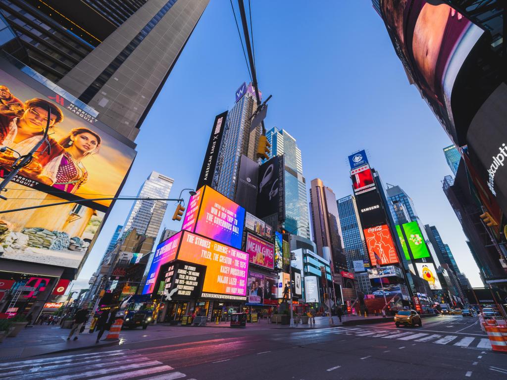 Ultra wide view of Times Square during golden hour before sunrise