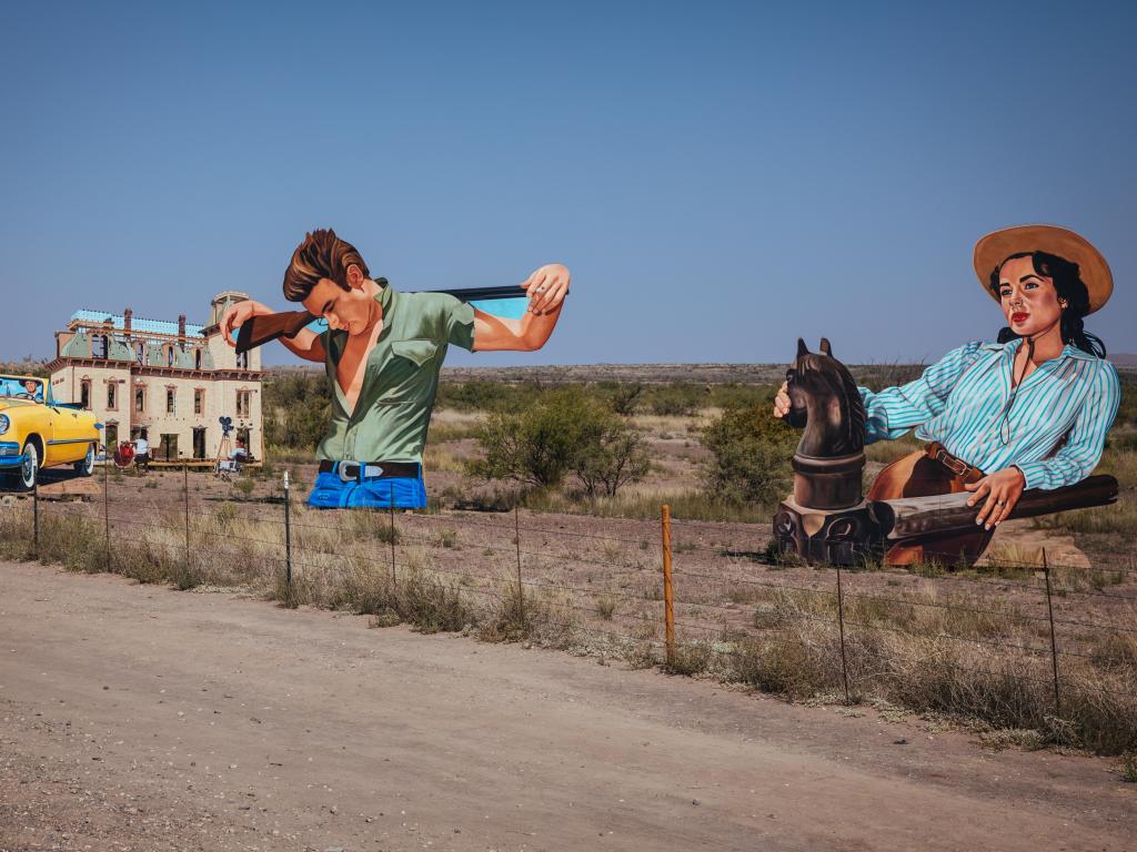 Plywood cowboy and cowgirl in tribute to film Giant,  in Marfa, Texas