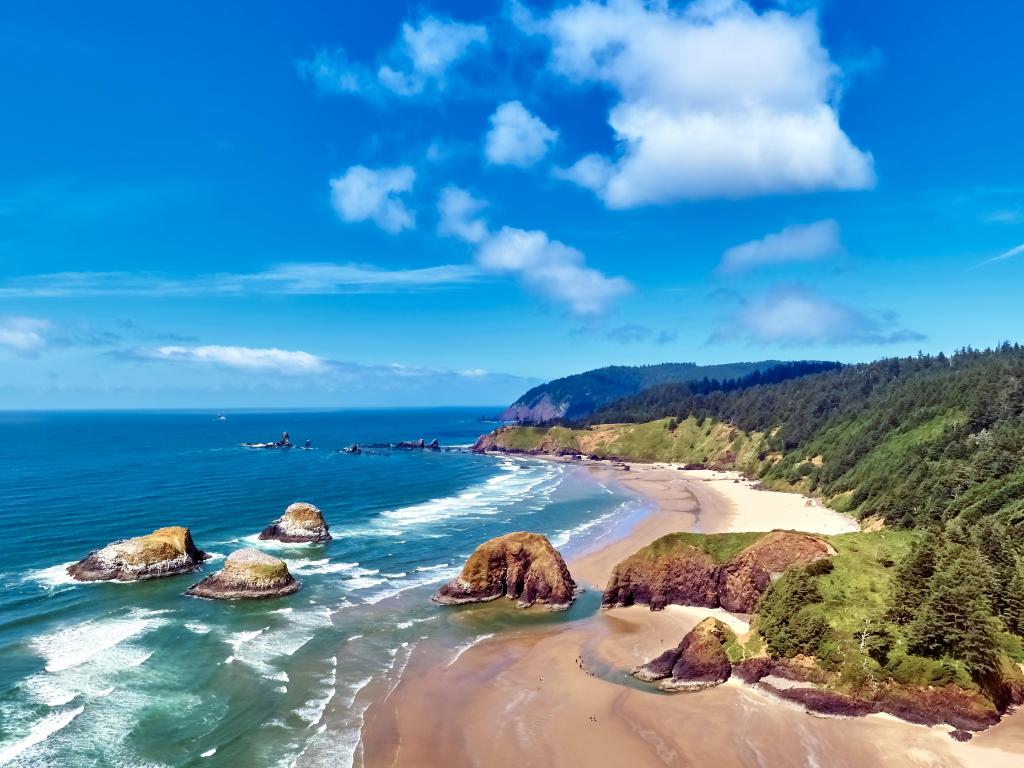 Shot of Cannon Beach, Oregon, from the air with blue sky and golden sandy beach, with lush greenery on the land