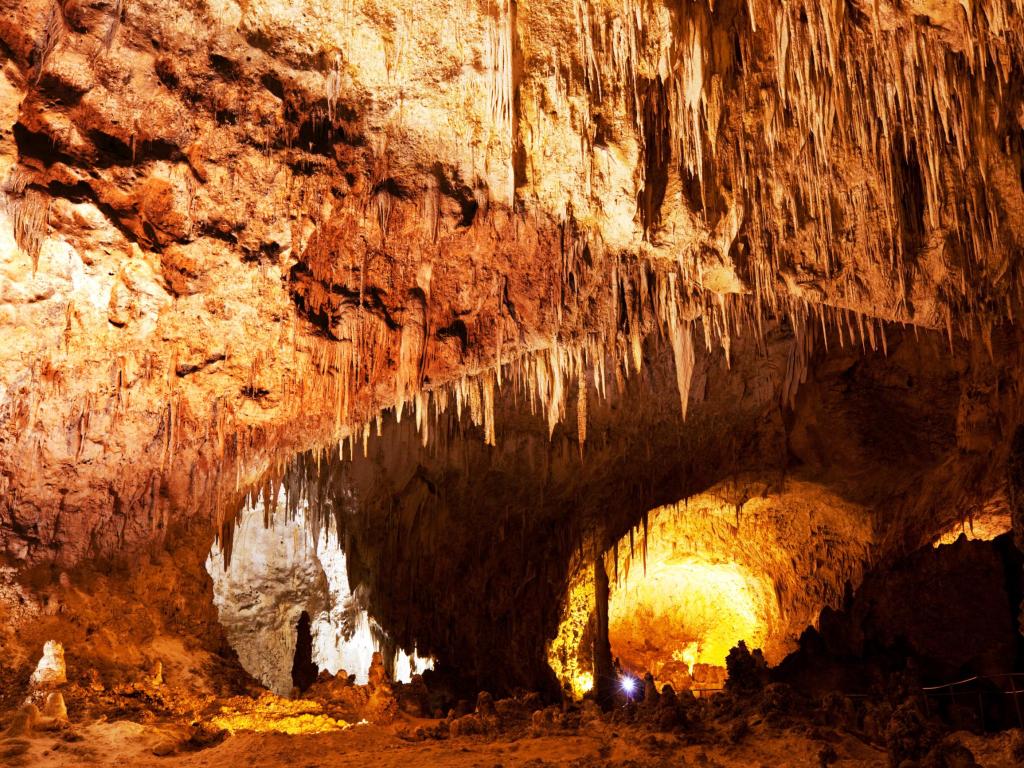 Interior of a cave at Carlsbad Caverns National Park, New Mexico, with stalagmites and stalactites lit up