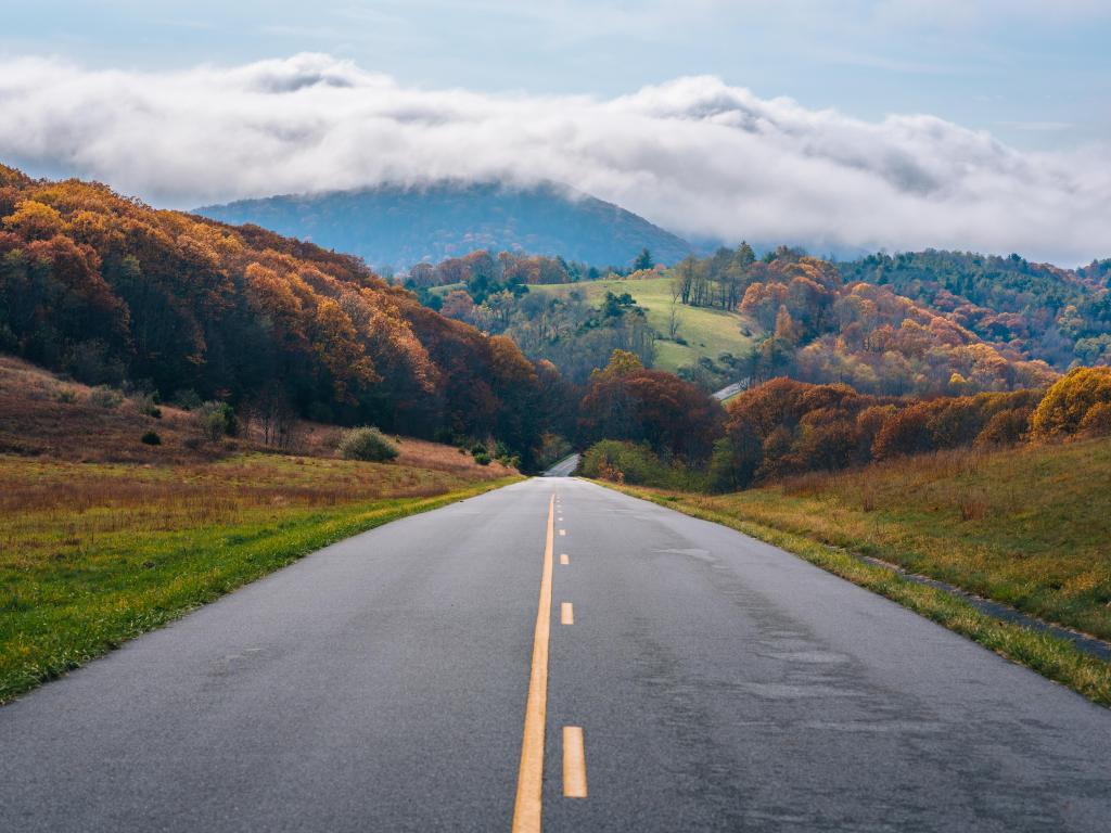 The Blue Ridge Parkway and fog over mountains in Virginia.