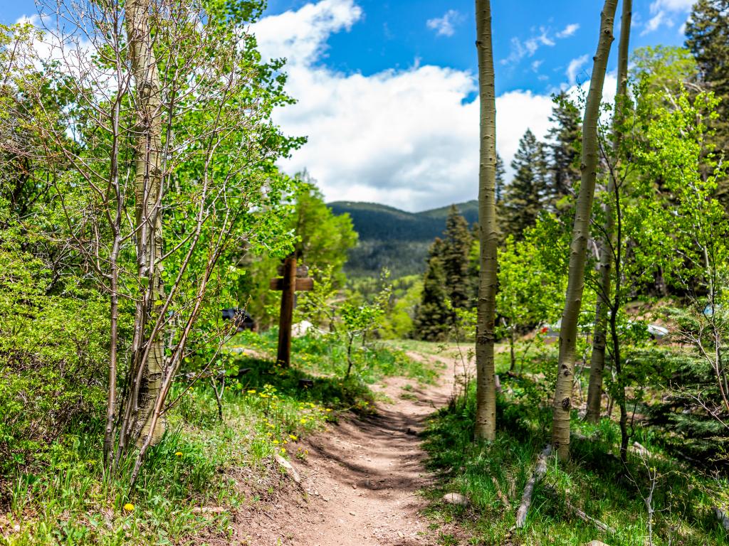 An image of the the Santa Fe National Forest trail entrance. Sangre de Cristo mountains can be seen ahead and some green aspen trees by the parking lot.
