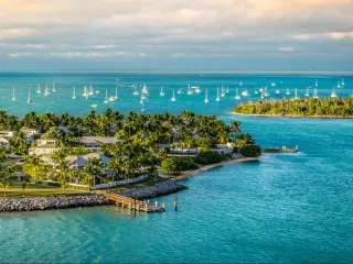 Panoramic sunrise landscape view of the small Islands Sunset Key and Wisteria Island of the Island of Key West, Florida Keys.