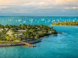 Panoramic sunrise landscape view of the small Islands Sunset Key and Wisteria Island of the Island of Key West, Florida Keys.