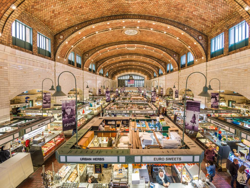 Interior of the West Side Market with food and produce stalls, photo taken from above