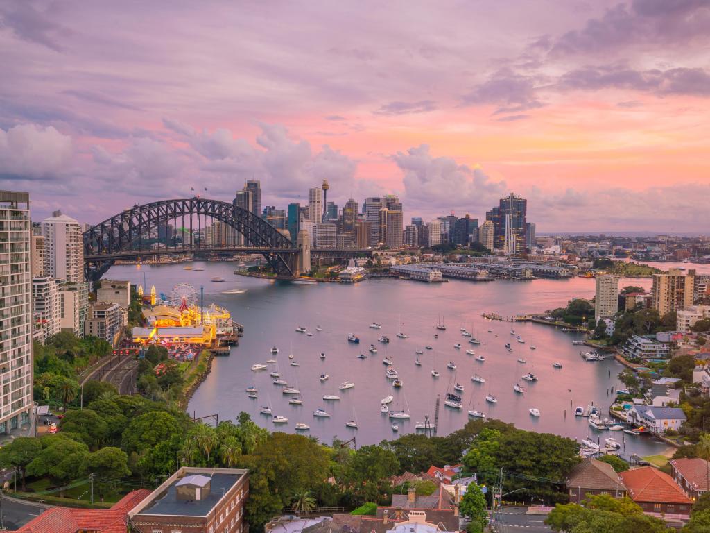Sydney, Australia with a view of downtown Sydney skyline in Australia at twilight.