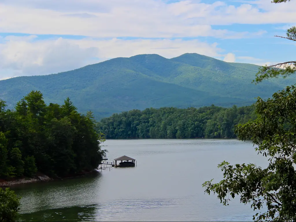 Majestic mountains with lush forest surrounding lake James in North Carolina