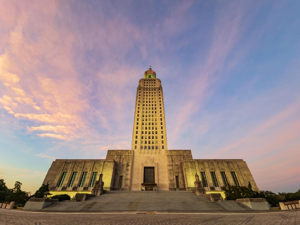 Sunset exterior view of the Louisiana State Capitol at Louisiana