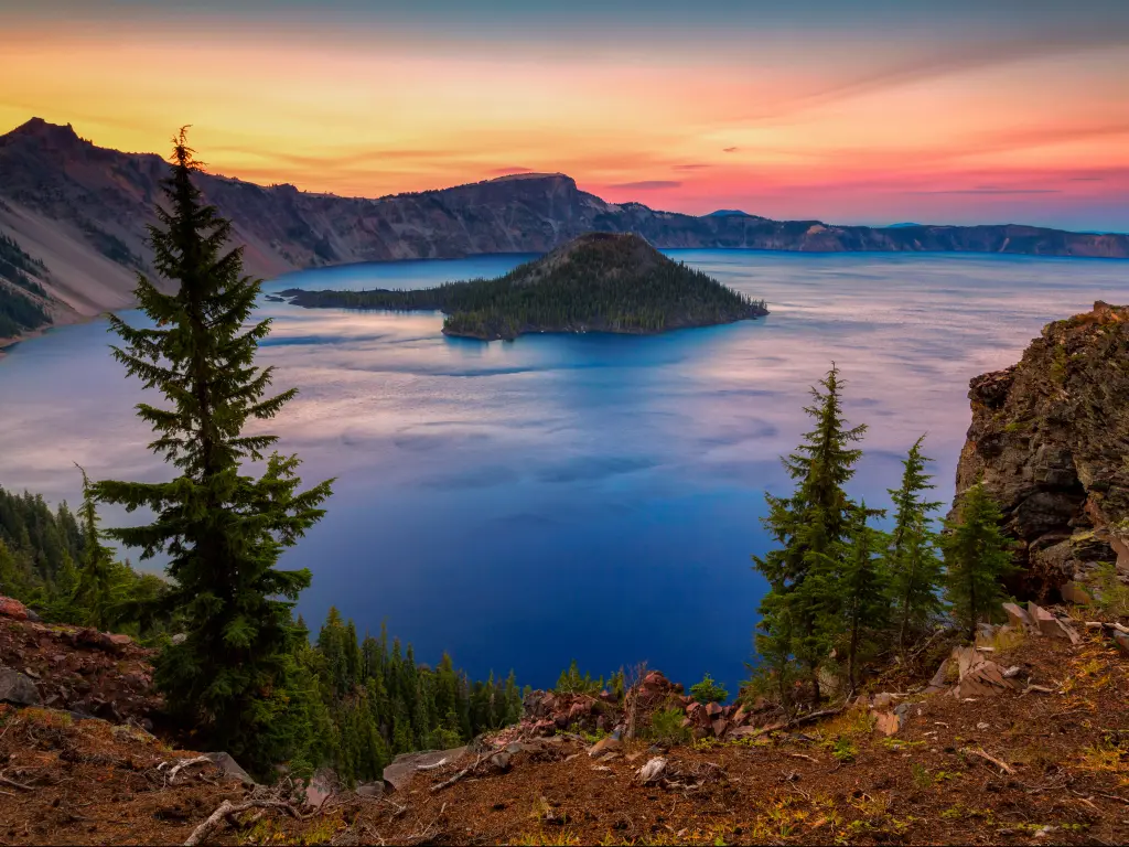 Wizard Island in the Crater Lake National Park in Oregon, USA.