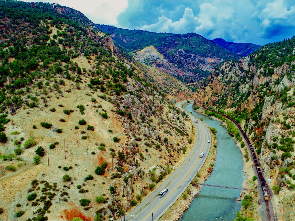 An aerial view of Interstate 70 along Glenwood Springs Canyon and Colorado River on a fine morning