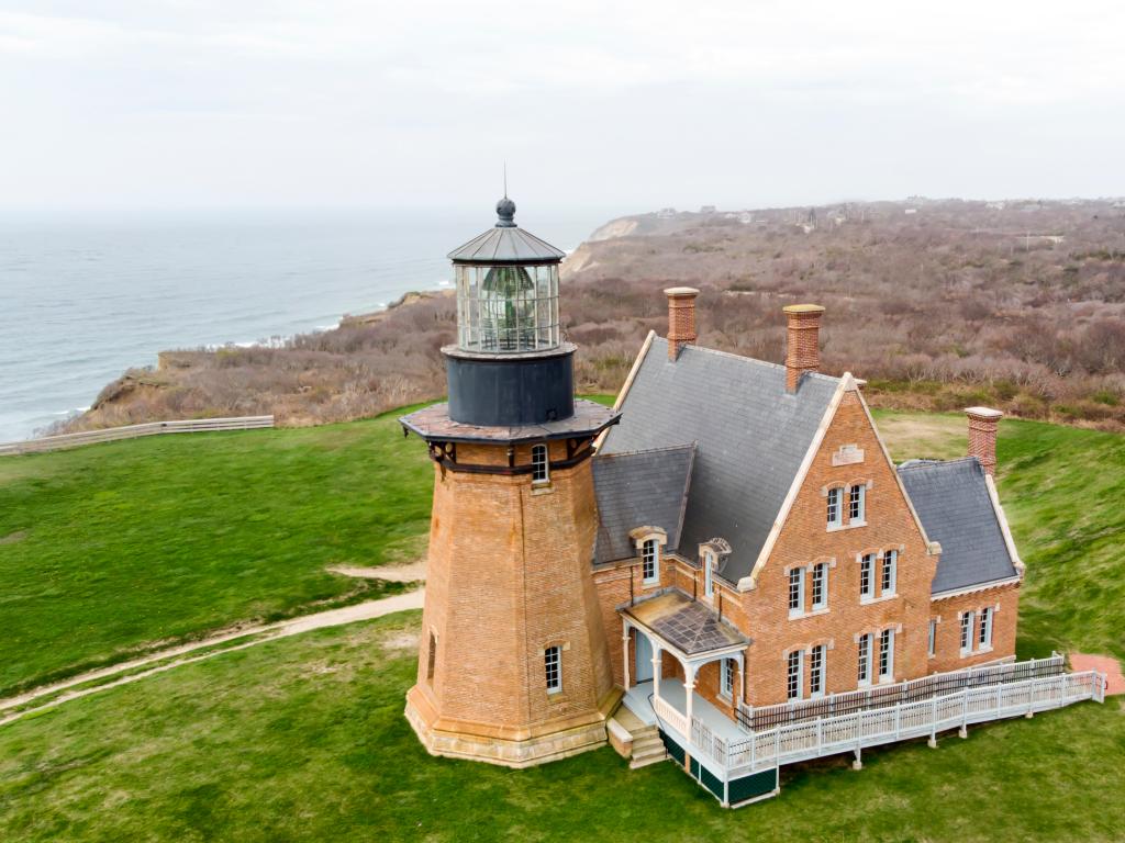 A traditional brick lighthouse on Block Island, Rhode Island.