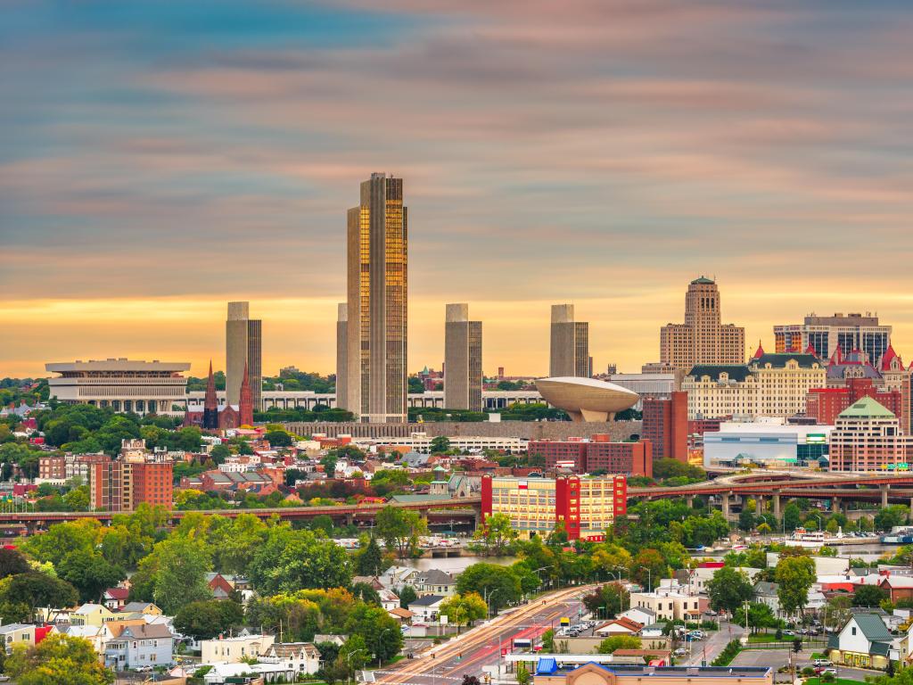 Albany, New York, USA downtown city skyline at dusk.