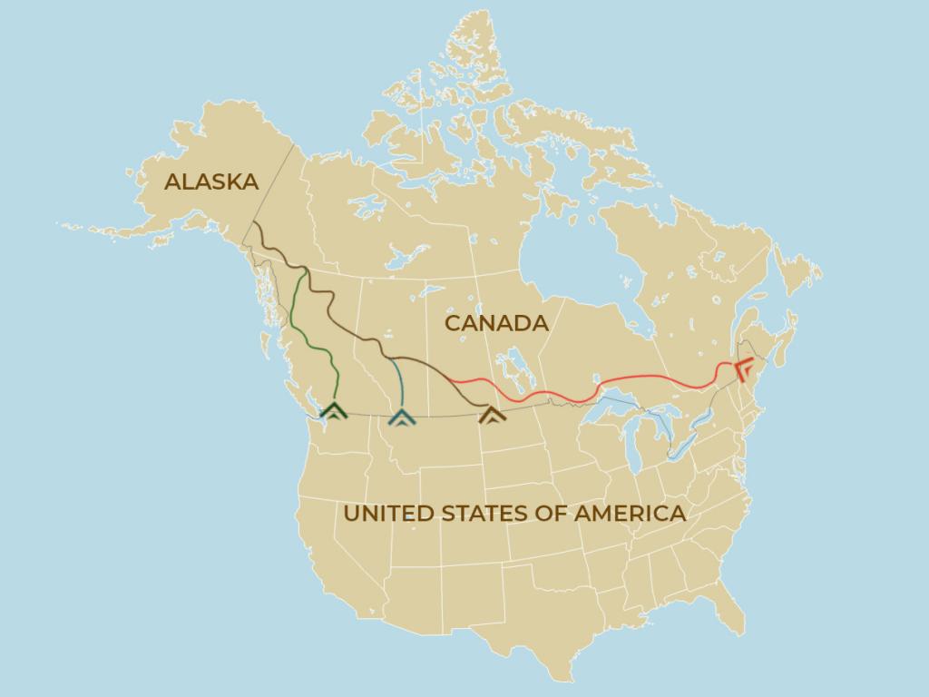 Map of the 4 different ways to drive to Alaska from the United States depending on where you start