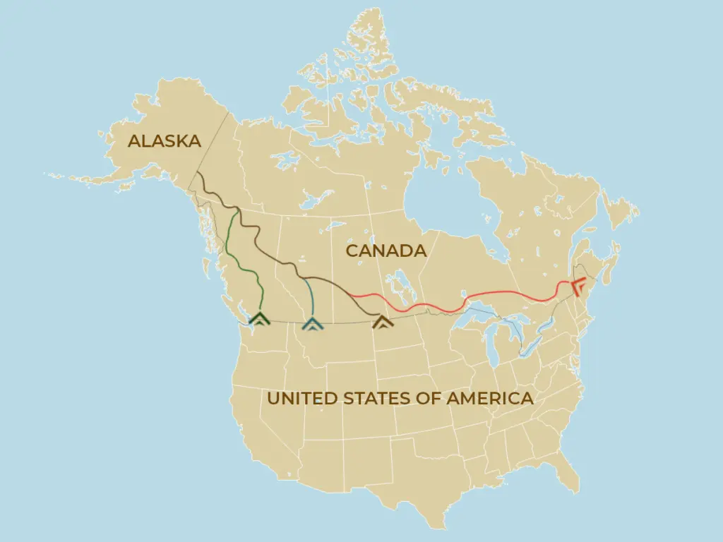 Map of the 4 different ways to drive to Alaska from the United States depending on where you start