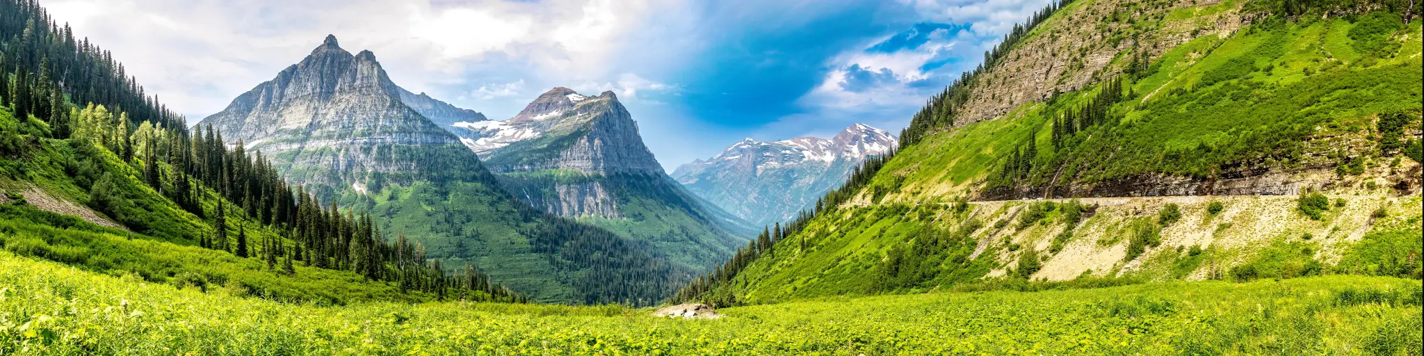 Glacier National Park, Montana, USA a majestic view over the park with green foliage in the foreground and the stunning mountains in the distance on a sunny day.