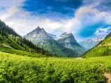 Glacier National Park, Montana, USA a majestic view over the park with green foliage in the foreground and the stunning mountains in the distance on a sunny day.