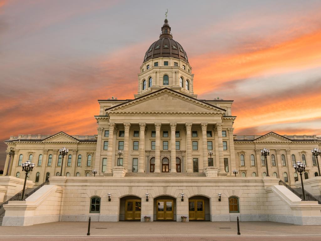 Topeka, Kansas, USA taken at the exterior of the Kansas State Capital Building at sunset.