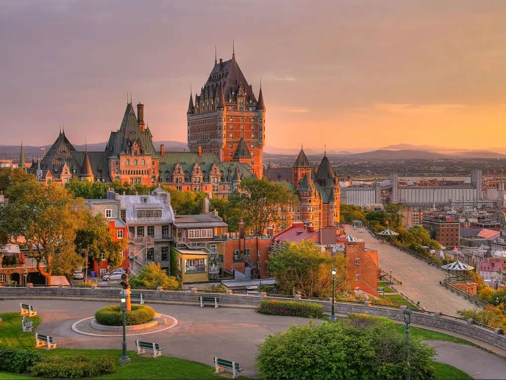 Old Quebec City, Canada with Frontenac Castle in Old Quebec City in the beautiful sunrise light. 