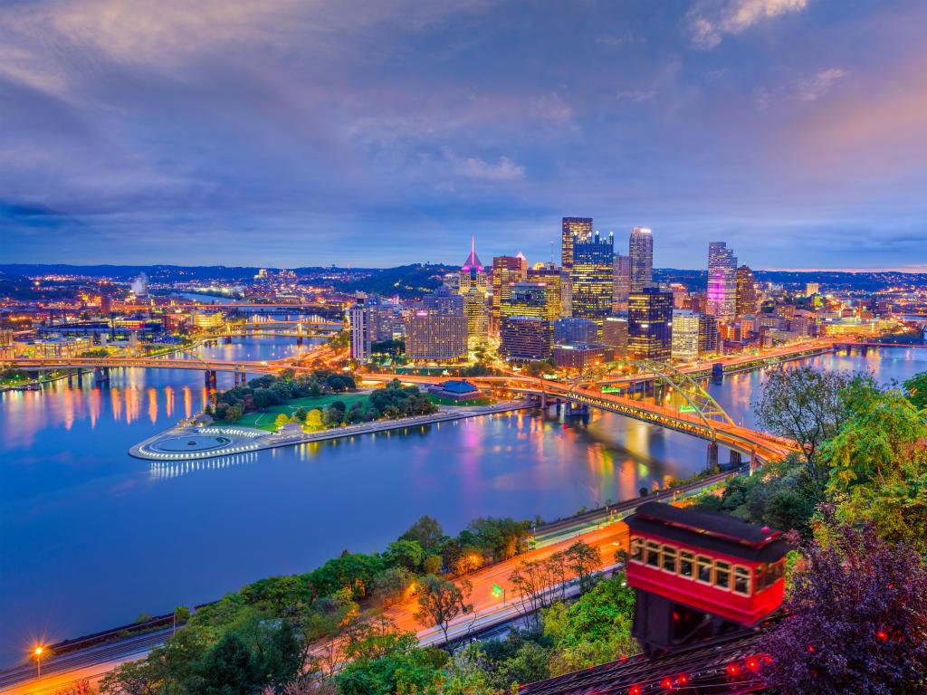 Pittsburgh, Pennsylvania, USA city skyline taken at the Duquesne Incline at early evening.