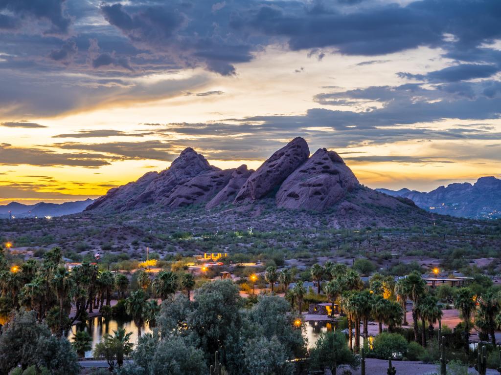 Phoenix, Arizona: The red sandstone buttes of Papago Park after sunset.