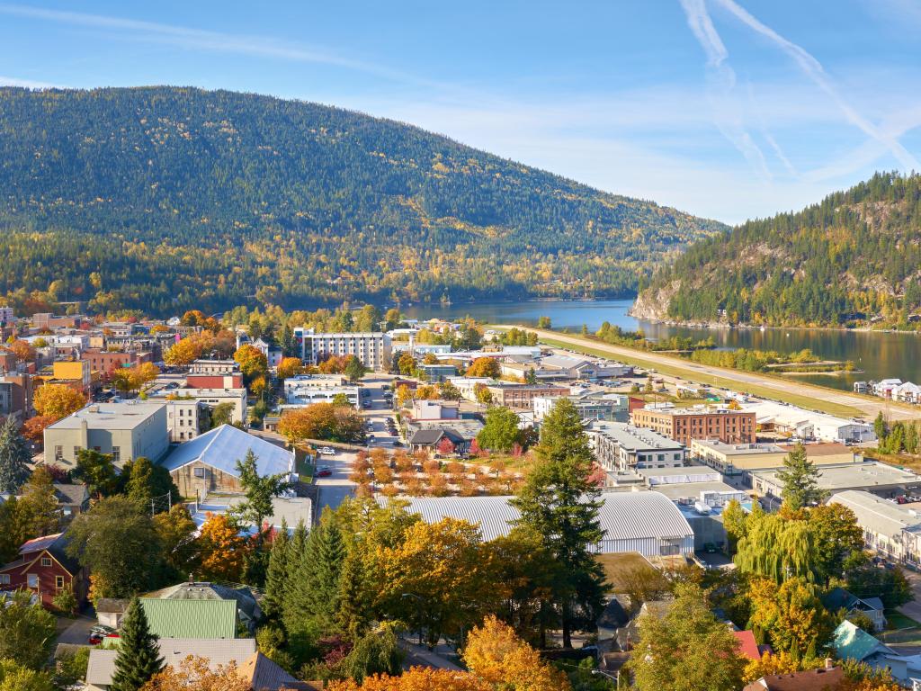 Nelson City, British Columbia, Canada taken during fall with the Selkirk Mountains on the West Arm of Kootenay Lake.