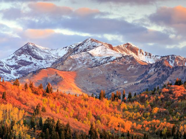 Wasatch Mountains in the fall as you approach Salt Lake City on the road trip from Denver.
