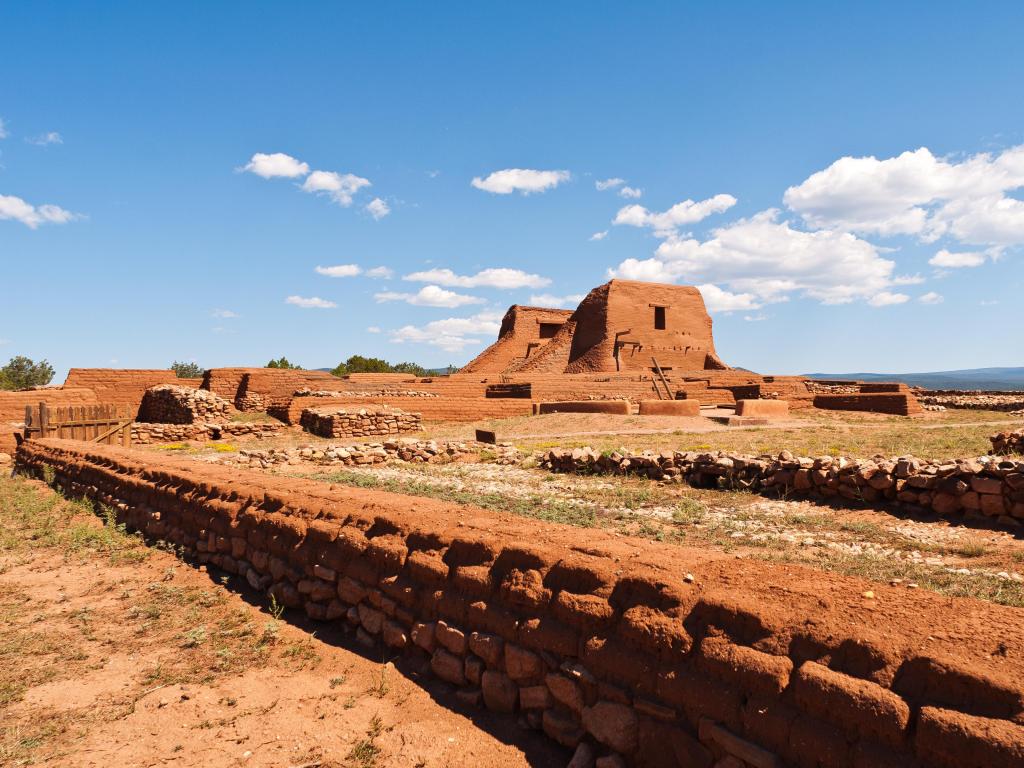 Pecos National Historic Park, New Mexico, USA near Santa Fe taken on a sunny day with mud buildings and structures. 