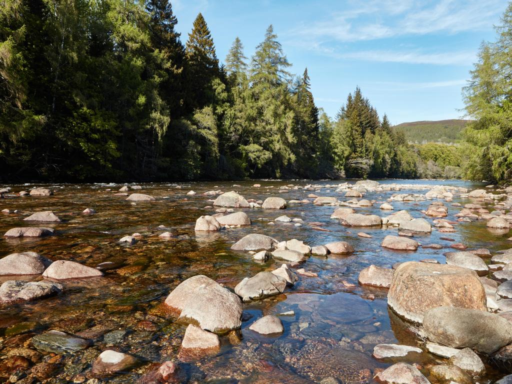 The River Dee on the Balmoral Estate, Balmoral Castle and Grounds, Royal Deeside, Scotland