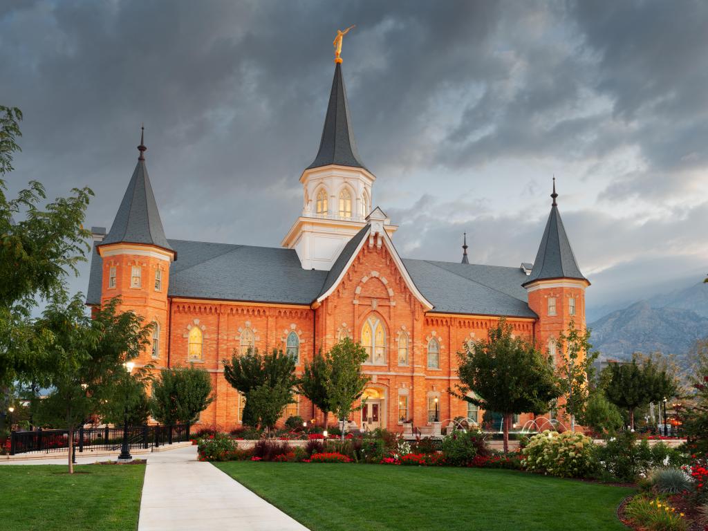 Provo, Utah, USA at Provo City Center Temple at twilight.