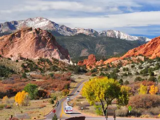 Panorama of Pikes Peak Soaring over the Garden of the Gods near Colorado Springs, Colorado in Autumn