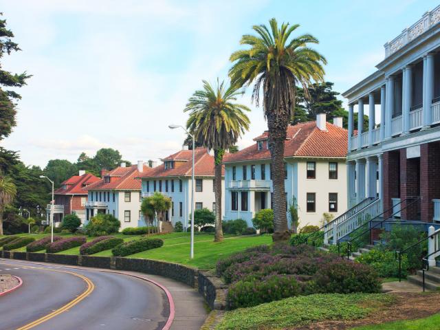 Classic mansions with manicured lawns in the Presidio along the route of the 49 Mile Scenic Drive in San Francisco.