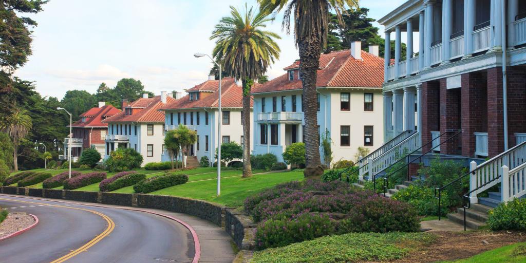 Classic mansions with manicured lawns in the Presidio along the route of the 49 Mile Scenic Drive in San Francisco.