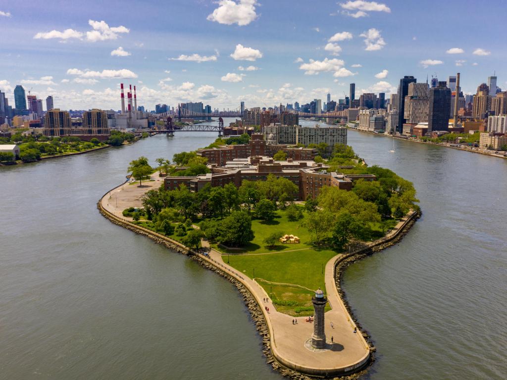 Aerial drone photo Roosevelt Island Lighthouse