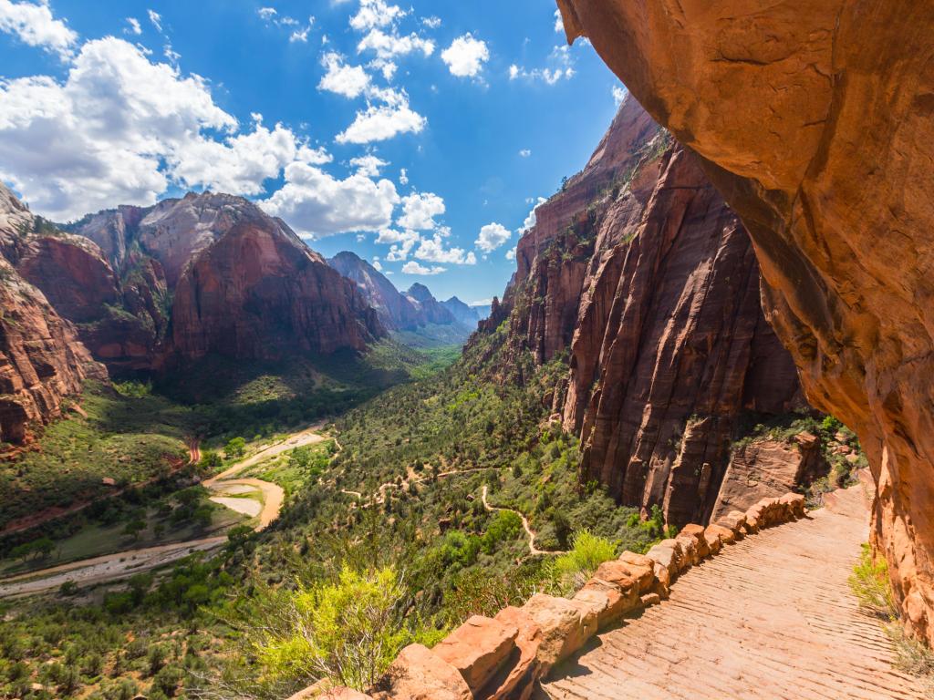 Zion National Park, USA with bright fall scenery along the Angel's Landing trail, looking down to the grass and valley below and taken on a sunny day.