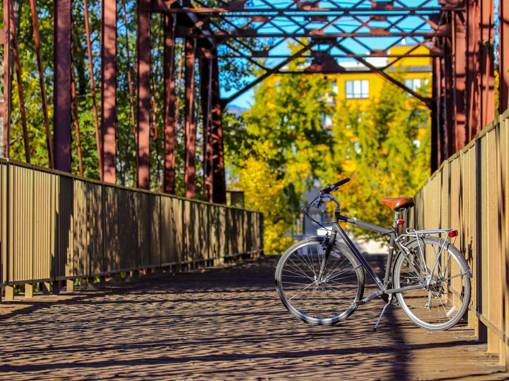 A bicycle stands on a bridge on the Boise Greenbelt in Idaho