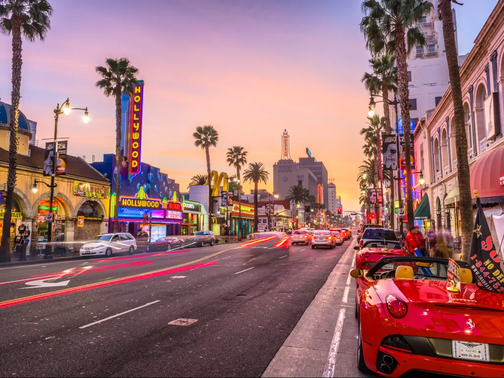 Traffic on Hollywood Boulevard at dusk, Los Angeles, California