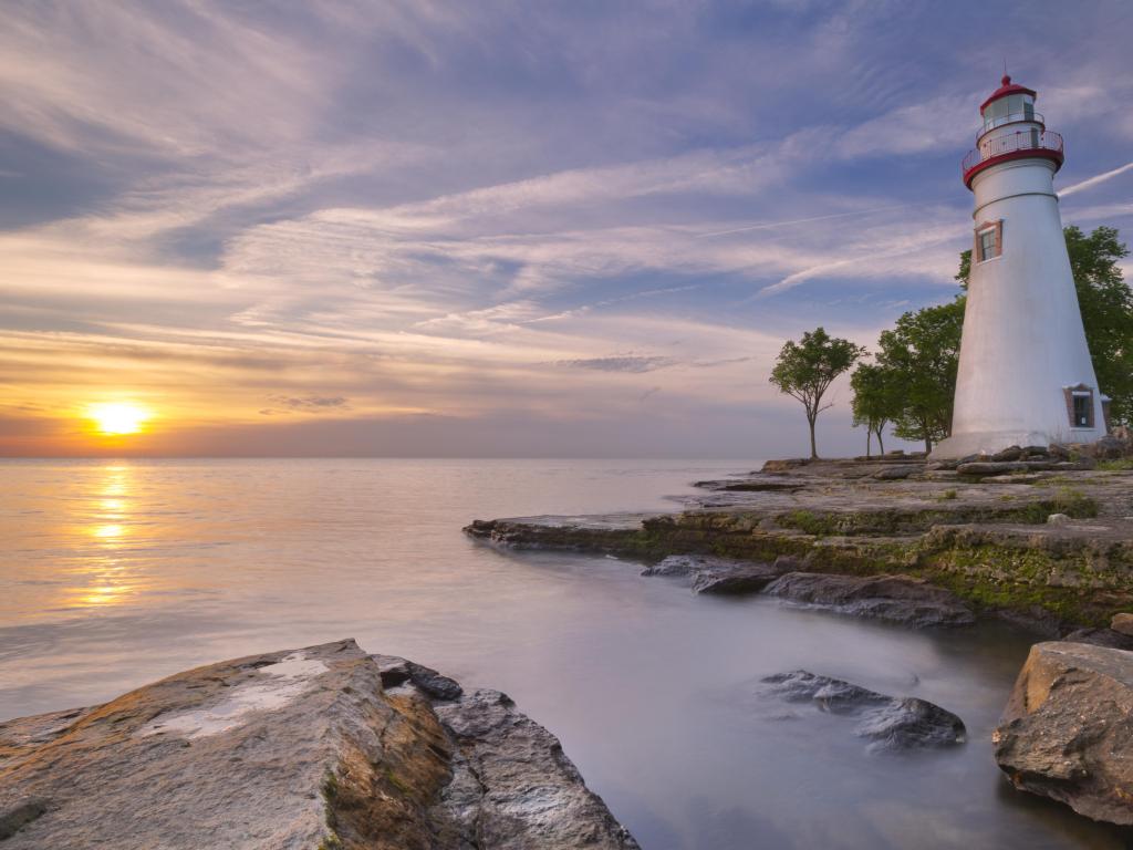 The Marblehead Lighthouse on the edge of Lake Erie in Ohio, USA. Photographed at sunrise.