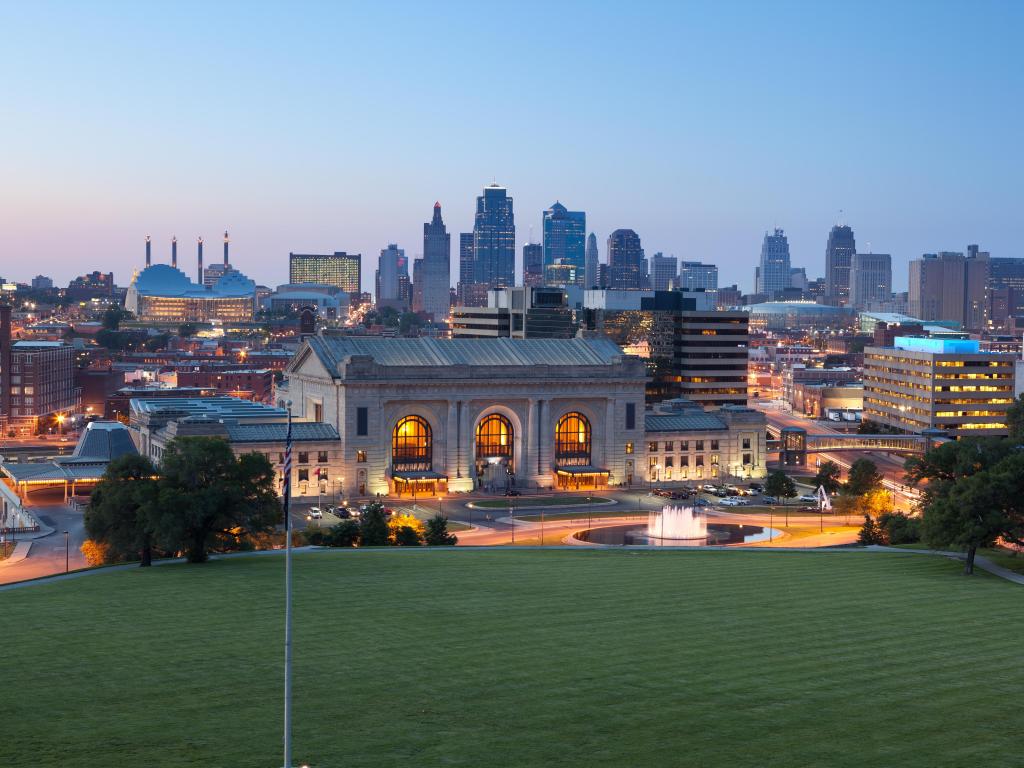 Kansas City, Missouri, USA with an image of the Kansas City skyline at twilight.