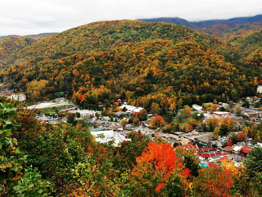 Gatlinburg and the valley of Great Smoky Mountains in autumn