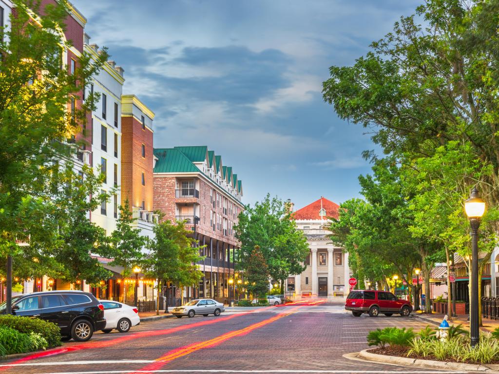 Gainesville, Florida, USA downtown cityscape at twilight.