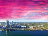 Beautiful sunset aerial view of Downtown Orlando.