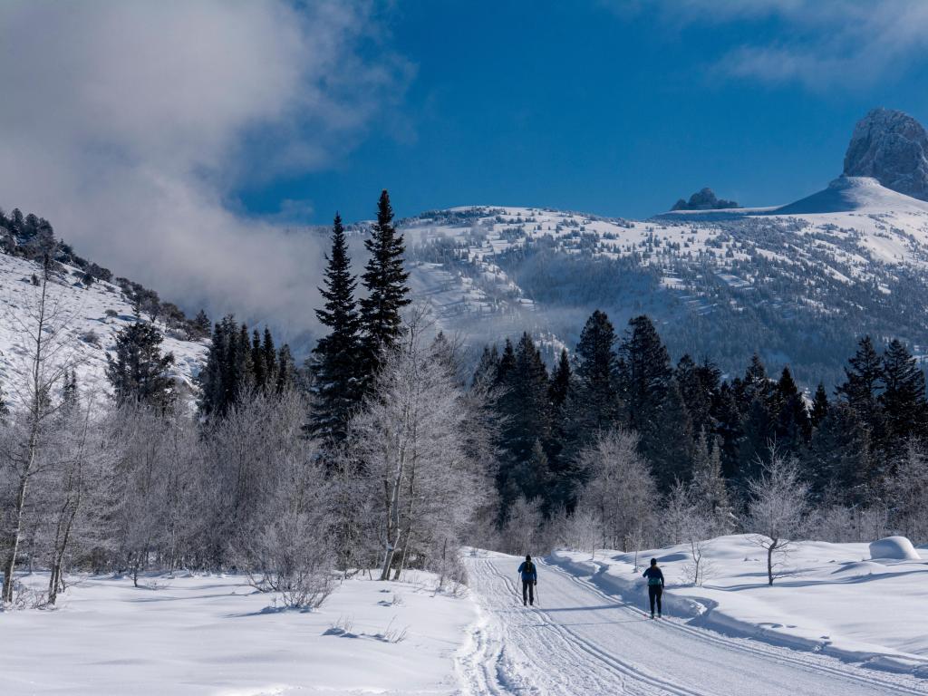 Nordic skiing in Teton Canyon near Driggs Idaho and Alta, Wyoming, Grand Teton in distance