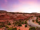 Scenic road running through Canyonlands National Park beneath a purple-hued sunset sky, with red rocks on the horizon