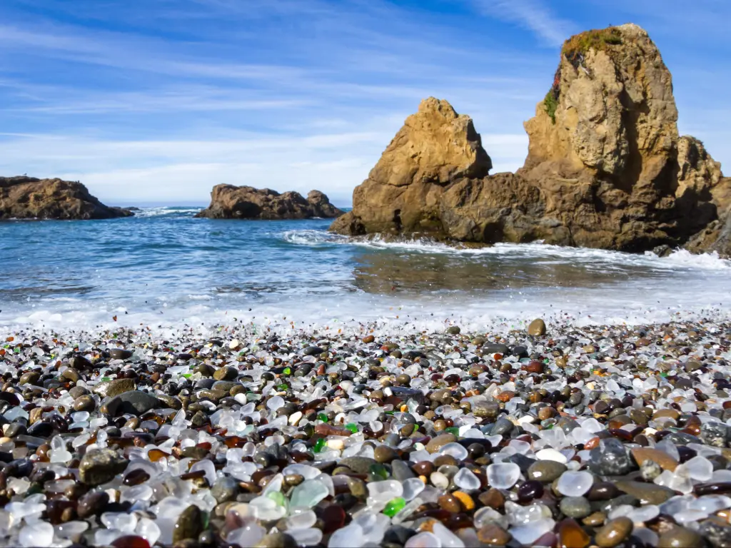 colorful glass pebbles blanket this beach in Fort Bragg